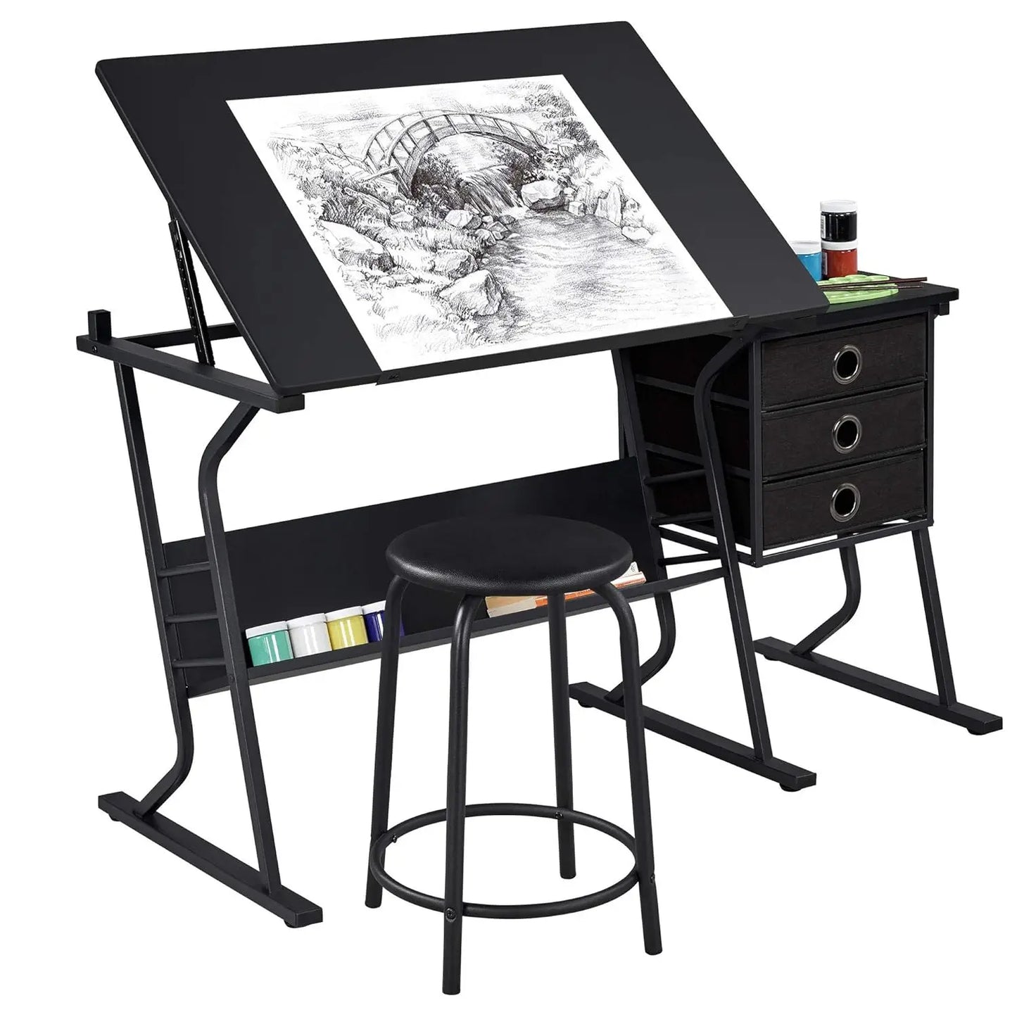 Drafting Table for Artists, Drawing Desk, Tabletop, Adjustable, with Stool and 3 Slide Drawers