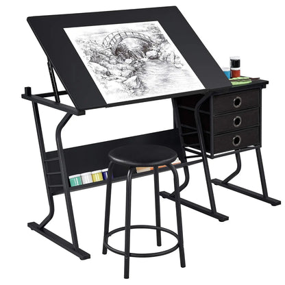Drafting Table for Artists, Drawing Desk, Tabletop, Adjustable, with Stool and 3 Slide Drawers