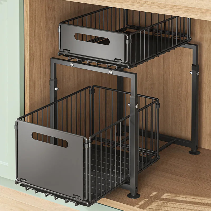 2 Tier Slide Out Cabinet Organizer, Heavy Duty, Under Sink Storage Shelf with Adjustable Metal Shelf, 2 Pack