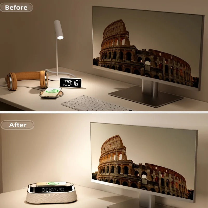 Aretelo Wireless Charging Digital Multi-Mode Alarm Clock, FM Radio, Bluetooth Speaker, Night Light