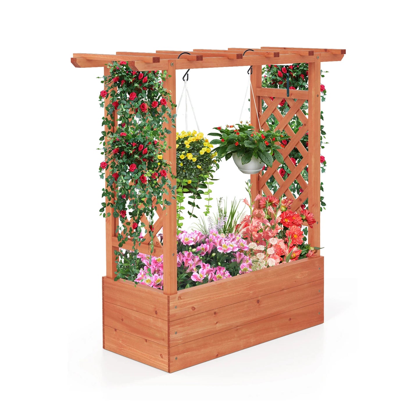 Wooden Raised Garden Bed with Trellis Hanging Roof and Drainage