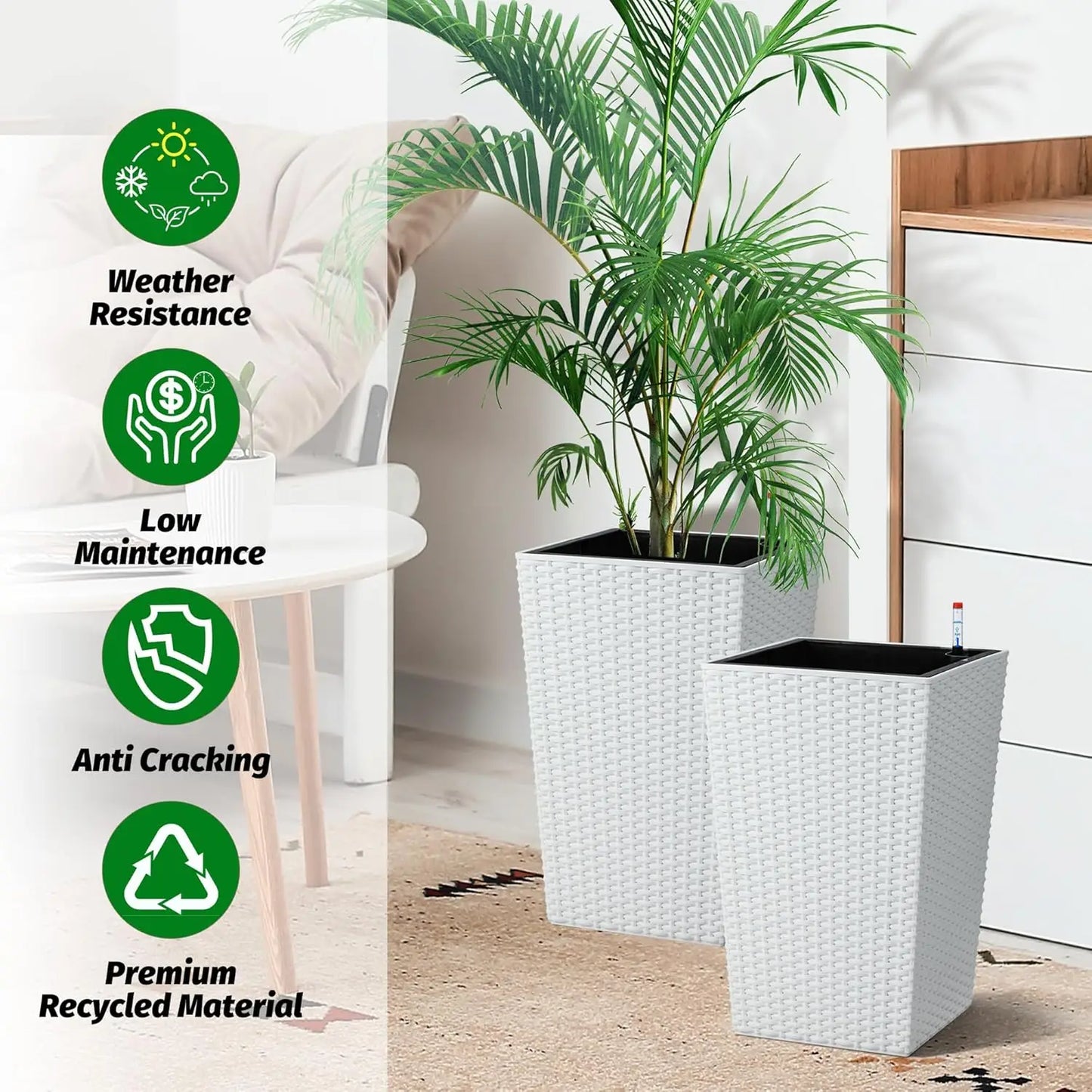Tall Rattan Planter Set of 2 Outdoor and Indoor Plant Pots with Water Level Monitor & Wheels