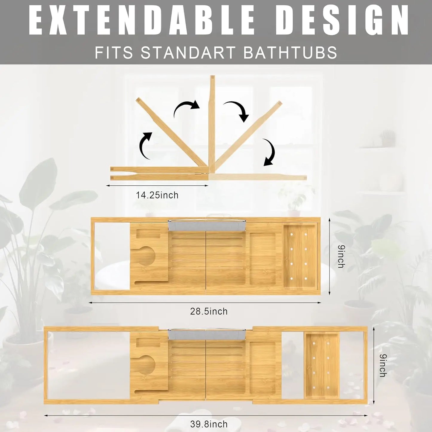 Bamboo Bathtub Caddy Tray Foldable Expandable Bath Organizer