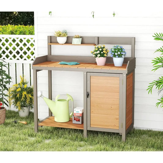 Potting Work Bench with Dry Sink Cabinet and Storage Shelves