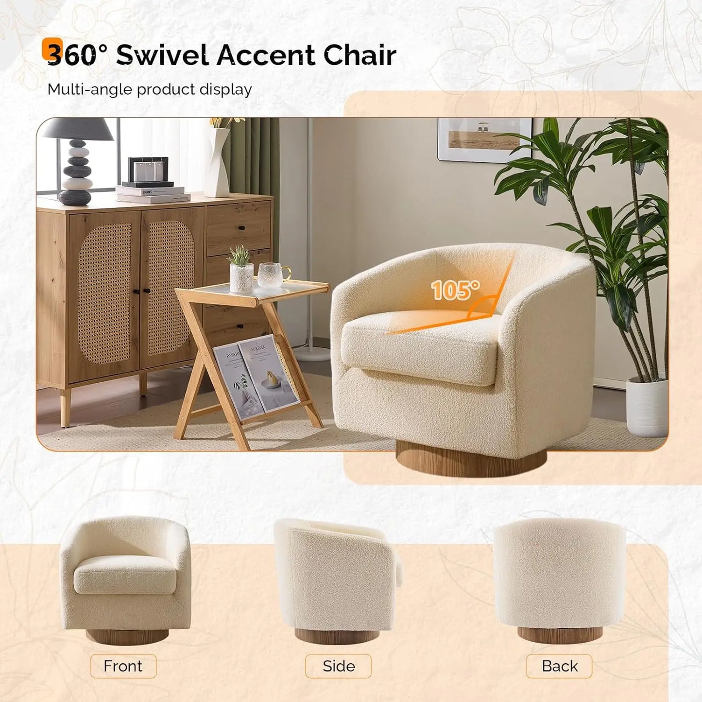 360°Swivel Accent Chairs, Set of 2 with Wood Base and Removable Cushion, Upholstered Bucket Armchairs