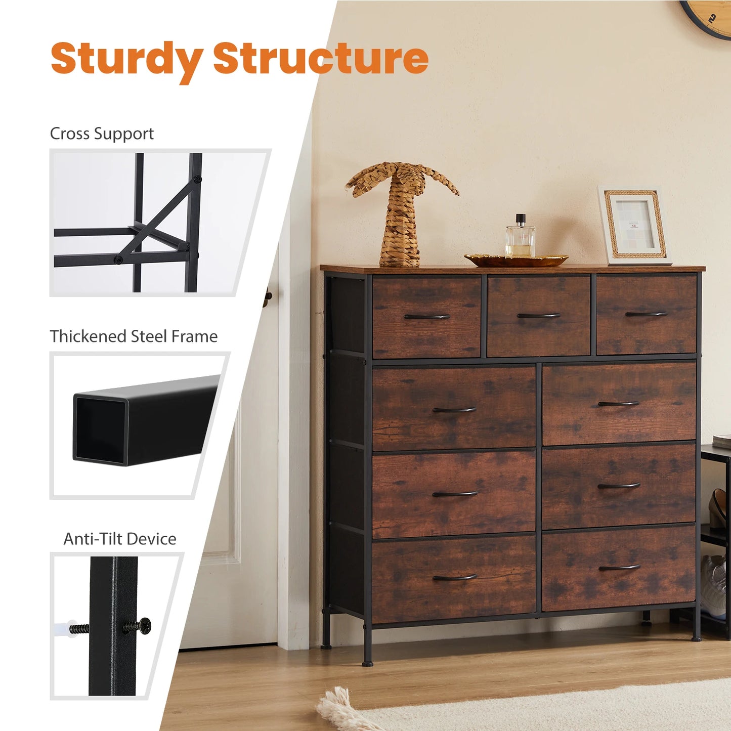 9 Drawer Dresser Tall Chest Organizer with Fabric Drawers