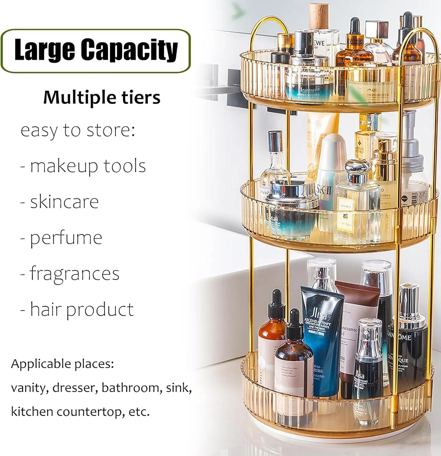 3 Tier Rotating Organizer High Capacity Countertop Storage Rack
