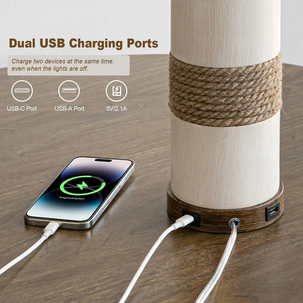 Rattan Table Lamps with USB Ports 3 Way Dimming Bedside Lights