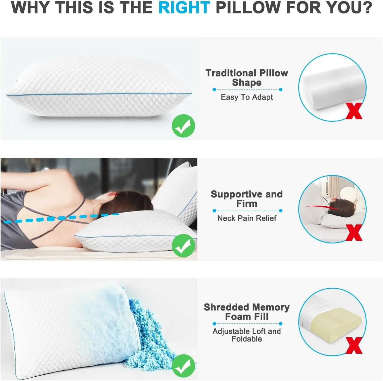 King Size Cooling Pillows Set of 2, Adjustable Shredded Memory Foam, Gel Infused 20x36 Inches