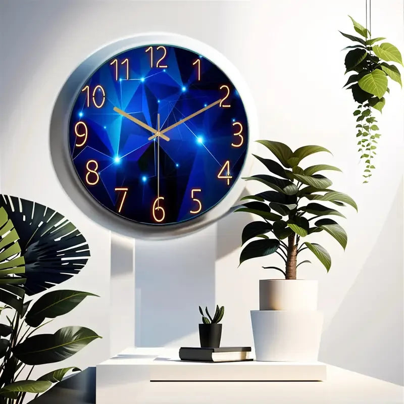Blue Wall Clock 12" Battery Operated Round Glass