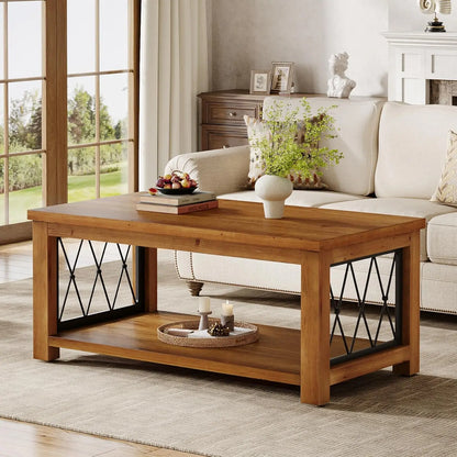 47.2" Solid Wood Coffee Table, 2-Tier with Metal Frame
