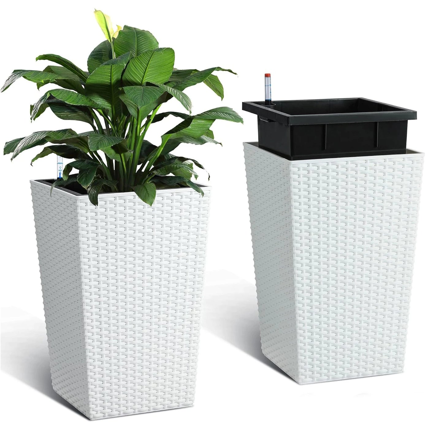 Tall Rattan Planter Set of 2 Outdoor and Indoor Plant Pots with Water Level Monitor & Wheels