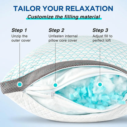 Cooling Pillows Queen Size, Set of 2, Shredded Memory Foam Pillows with Removable Cover