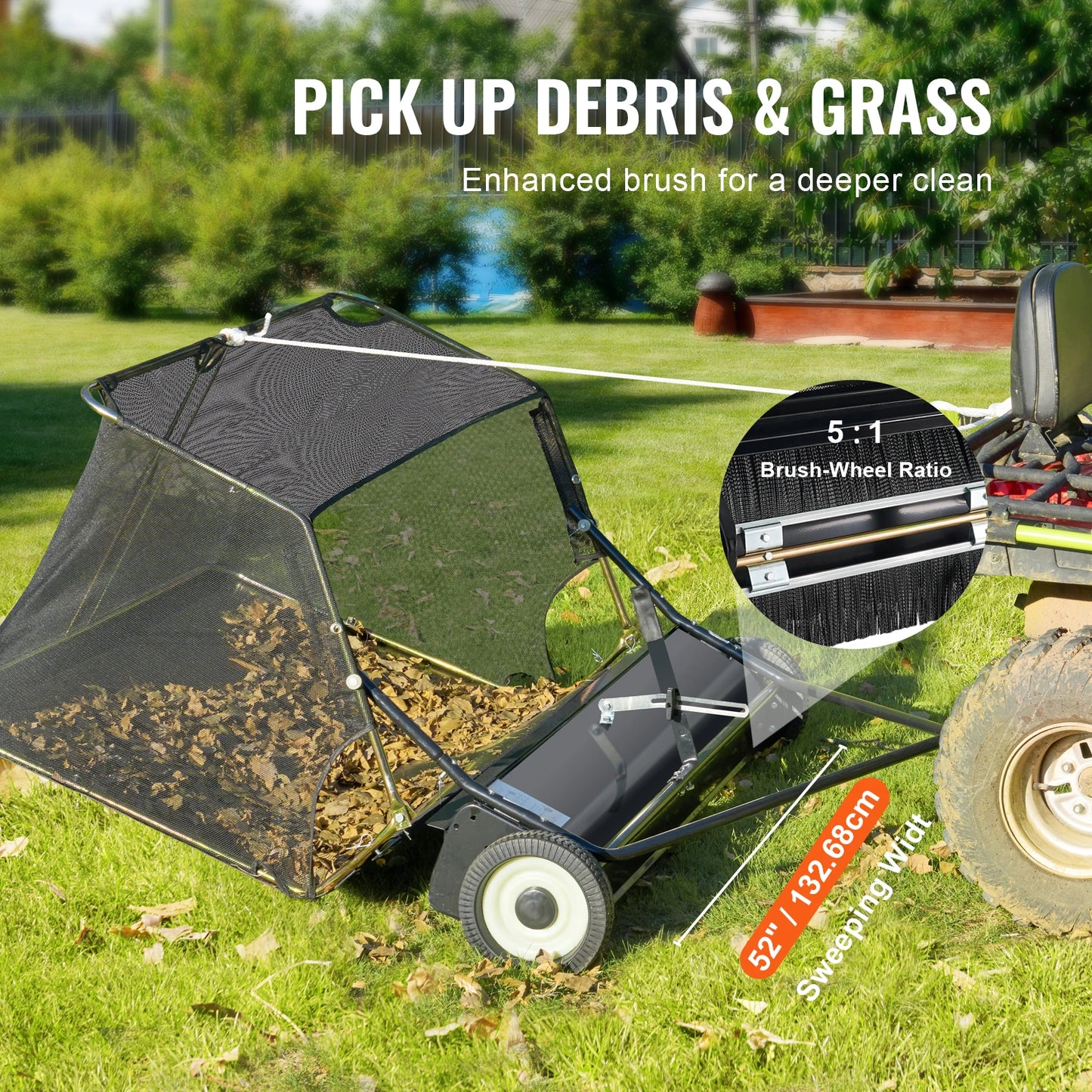 Tow Behind Lawn Sweeper 52 Inch Heavy Duty 26 Cu Ft Grass Collector