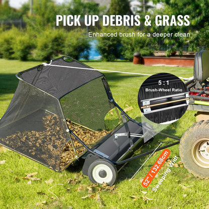 Tow Behind Lawn Sweeper 52 Inch Heavy Duty 26 Cu Ft Grass Collector