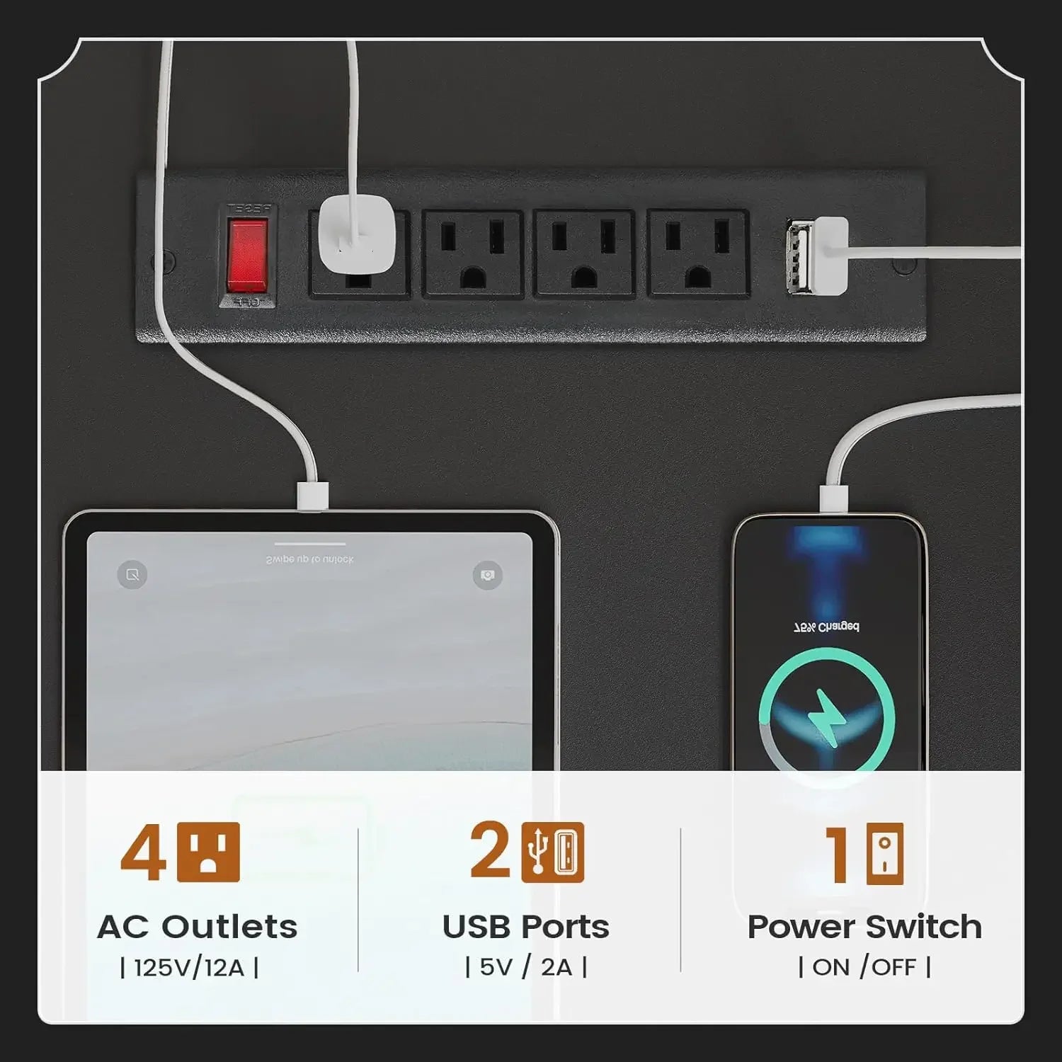 55 Inch Desk 3 Drawers AC Outlets USB Ports On/Off Switch