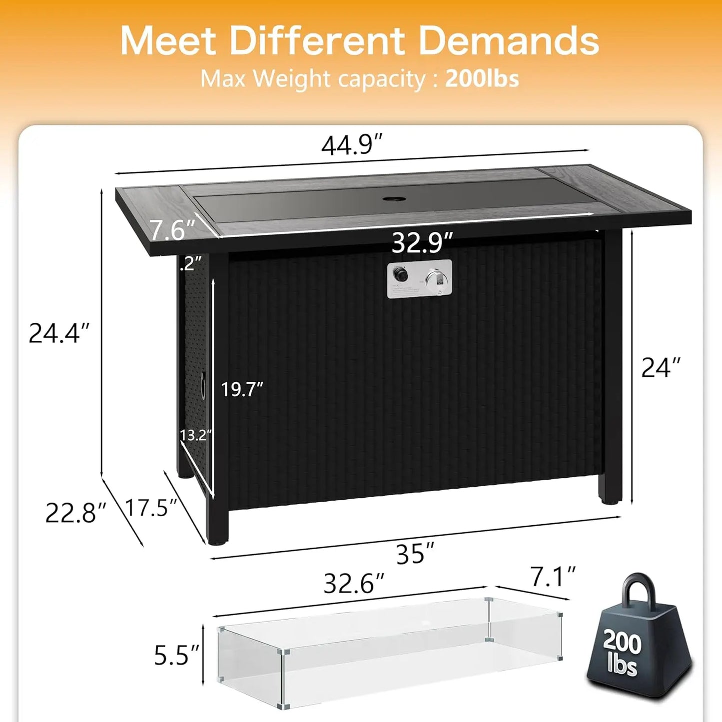 45in Fire Table  50000 BTU 3-in-1, Propane Fire Pit with Glass Wind Guard and Rain Cover, Customized