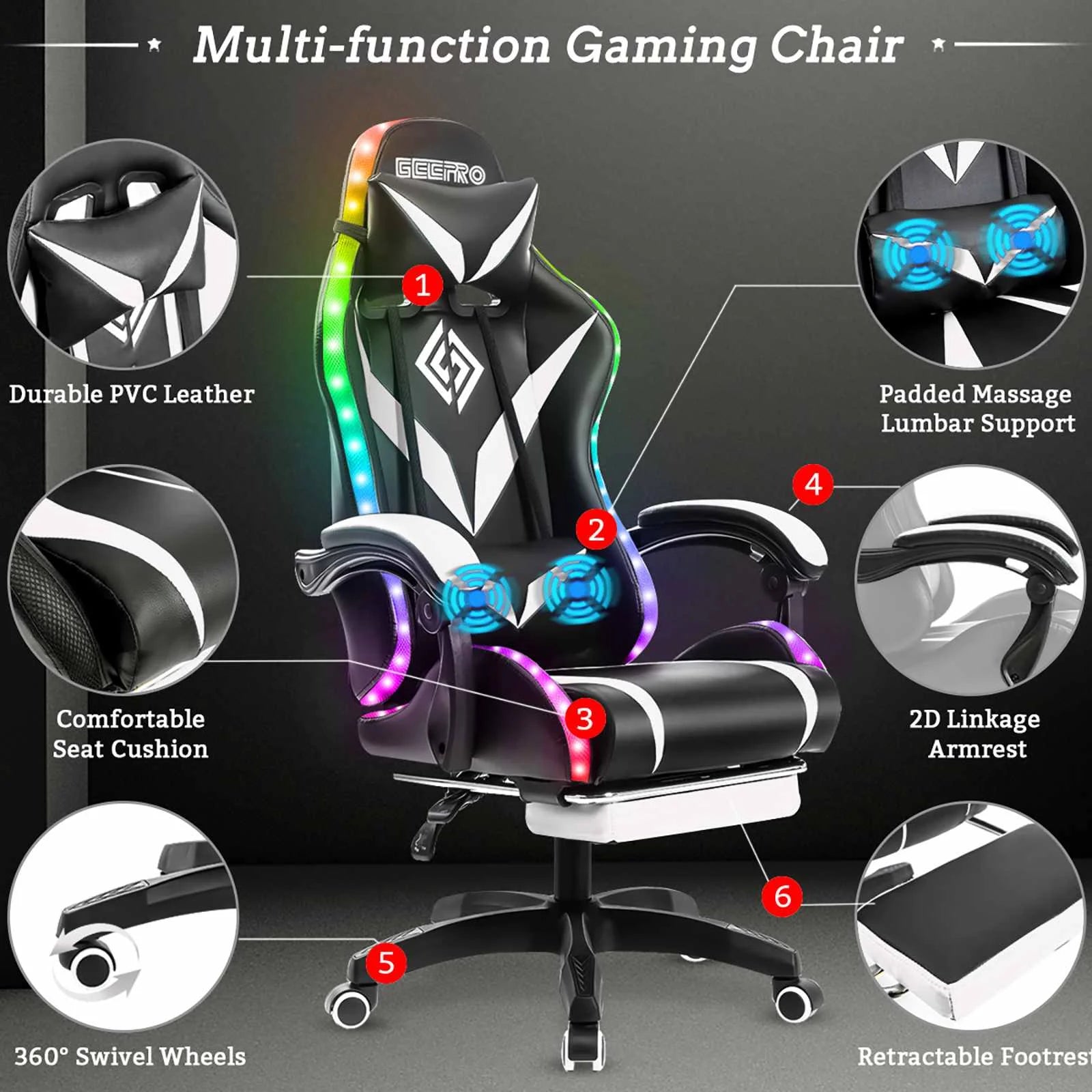 Gaming Chair with Speakers RGB Massage Recliner Bluetooth
