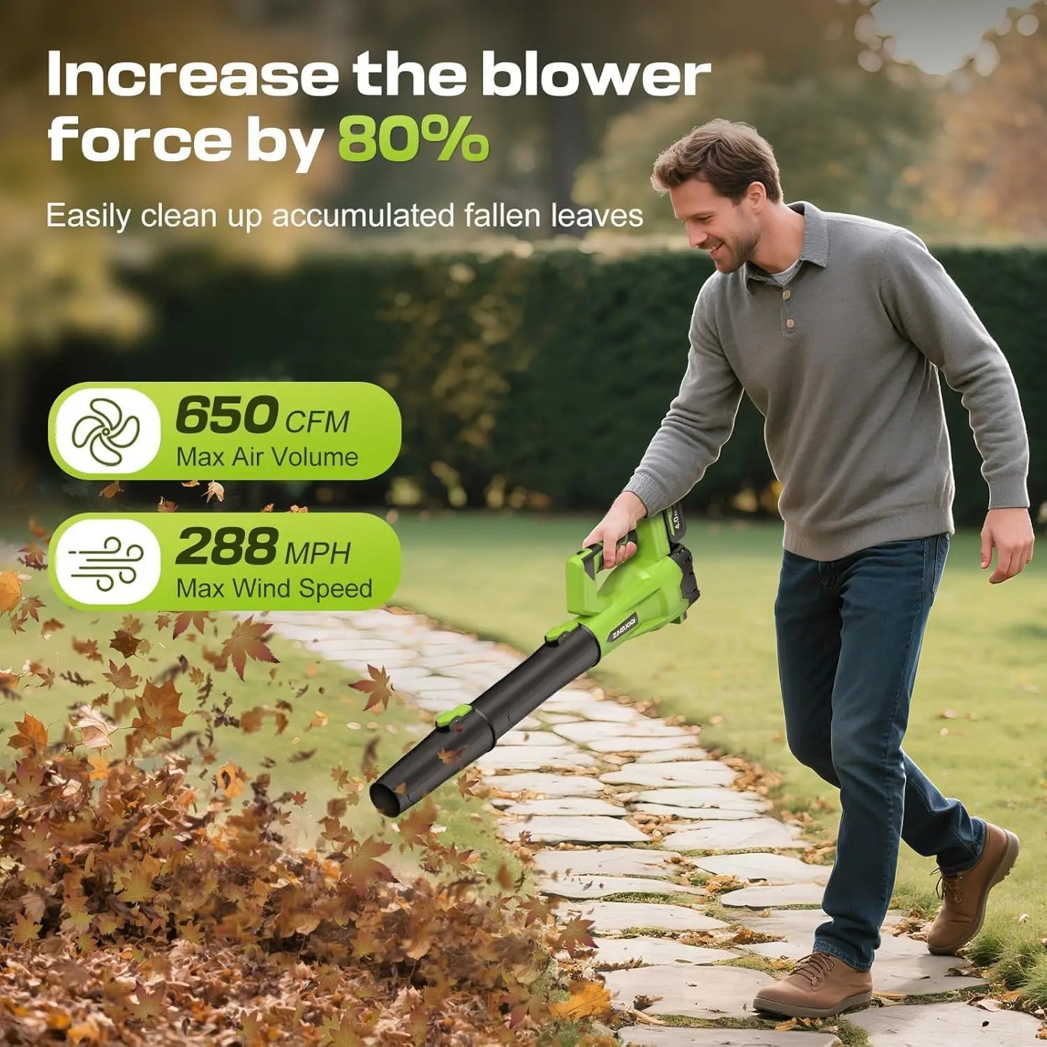Cordless Leaf Blower 650CFM 288MPH 2 Batteries 6 Speed