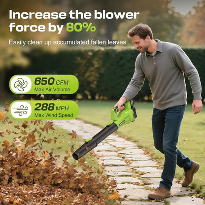 Cordless Leaf Blower 650CFM 288MPH 2 Batteries 6 Speed