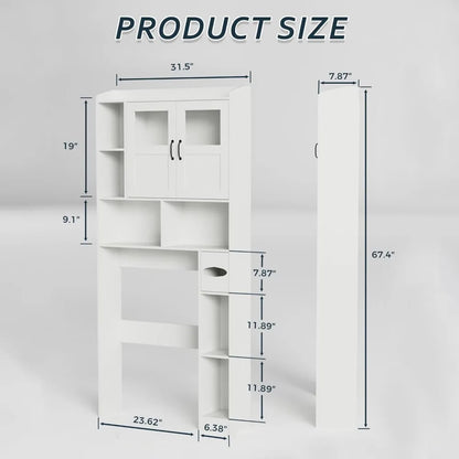 Over Toilet Cabinet - 67.4 H Bathroom Storage with Glass Door, Adjustable Organizer