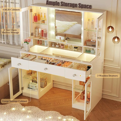 Vanity Desk with Mirror 43" RGB Lights Glass Top Power