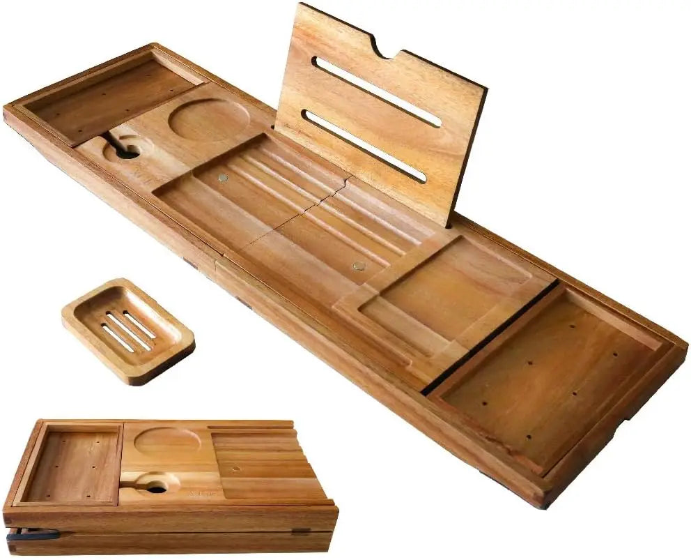 Bathtub Caddy Tray Bamboo Foldable Expandable Bath Rack