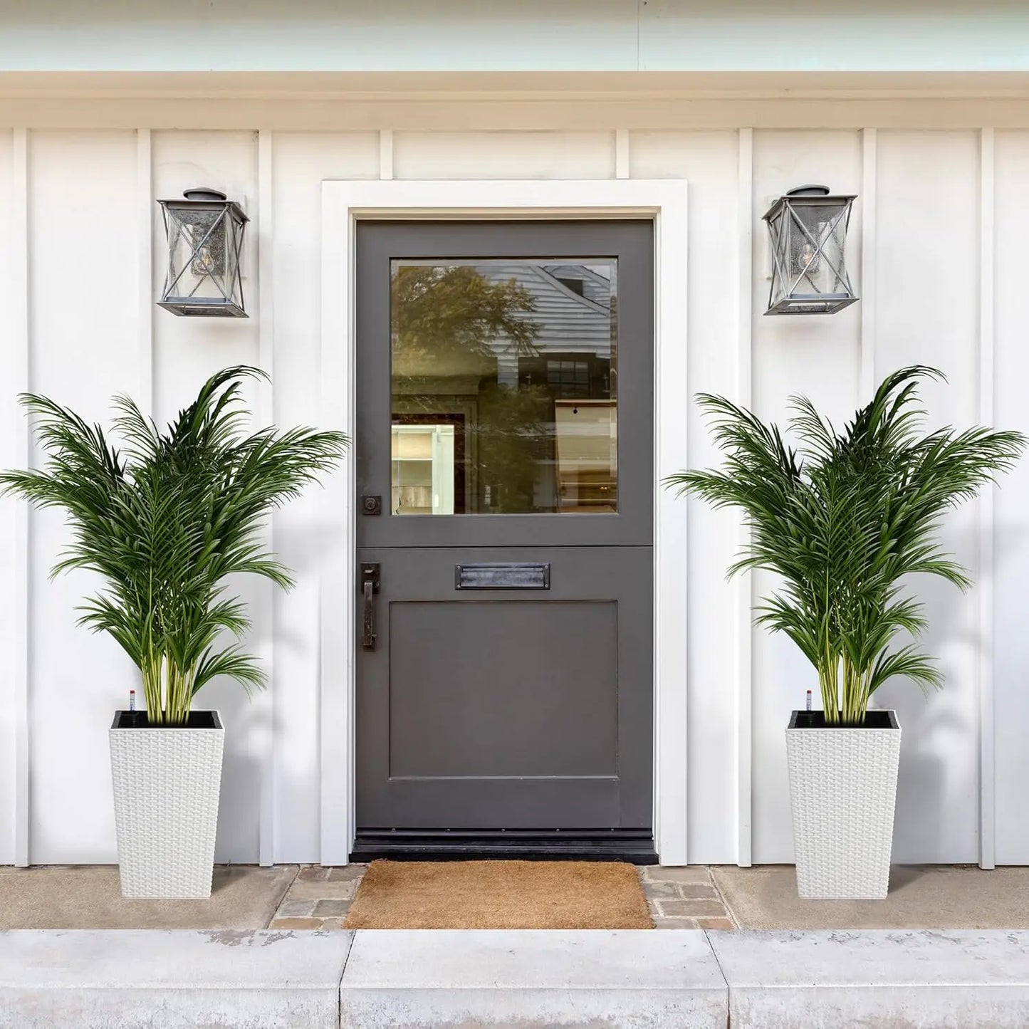 Tall Rattan Planter Set of 2 Outdoor and Indoor Plant Pots with Water Level Monitor & Wheels