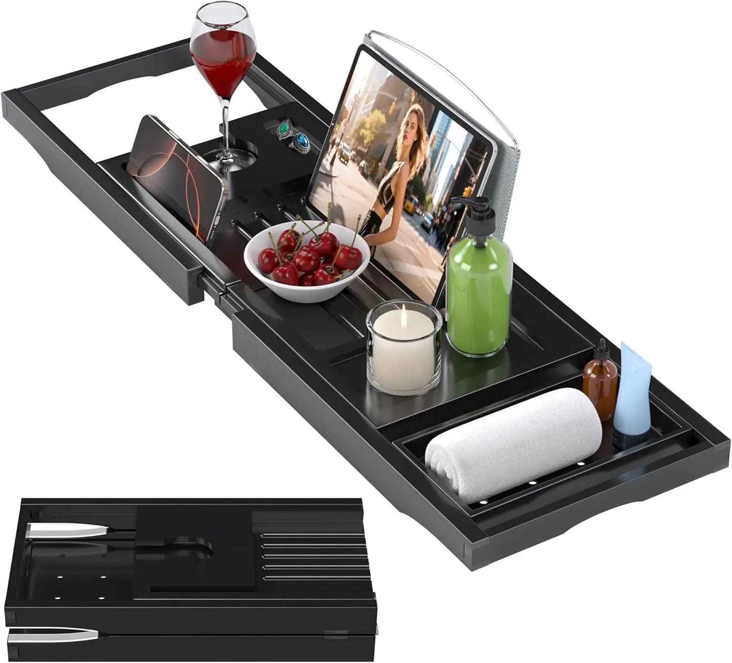 Bamboo Bathtub Caddy Tray Foldable Expandable Bath Organizer