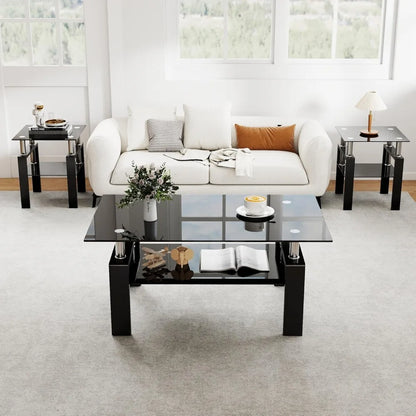 Modern Tempered Glass Table Set, 3-Piece, includes Black Metal Frame Coffee Table with Matching End Tables
