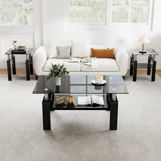 Modern Tempered Glass Table Set, 3-Piece, includes Black Metal Frame Coffee Table with Matching End Tables