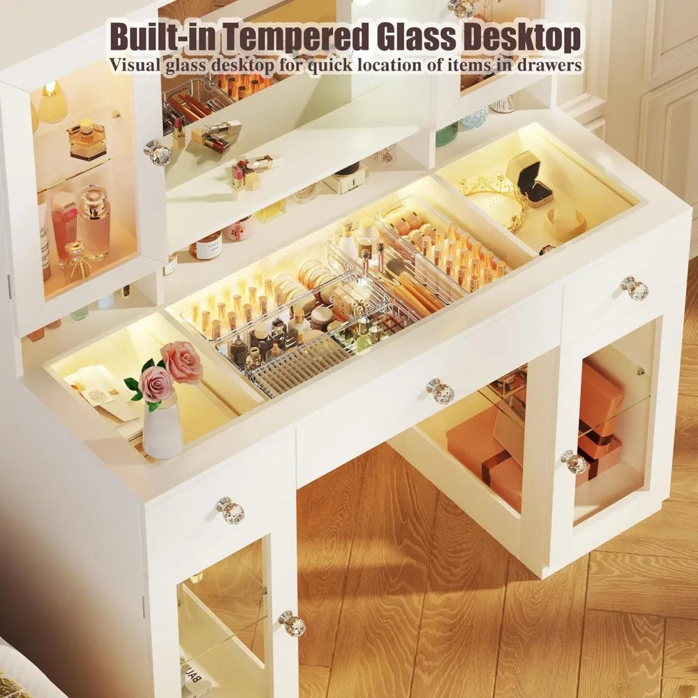 Vanity Desk with Mirror 43" RGB Lights Glass Top Power