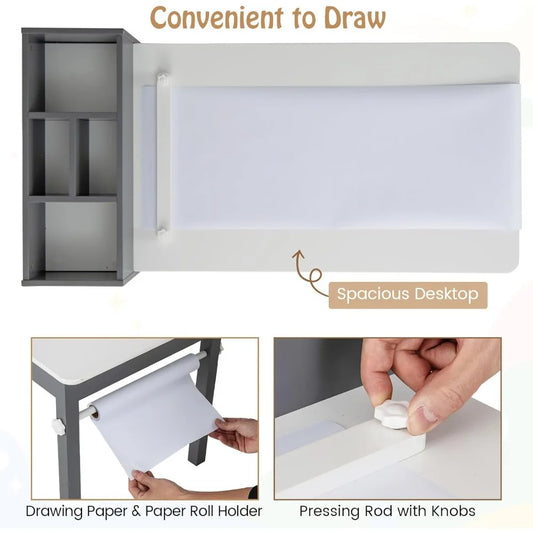 Kids Table and Chairs 3 in 1 Wooden Drawing Table Set