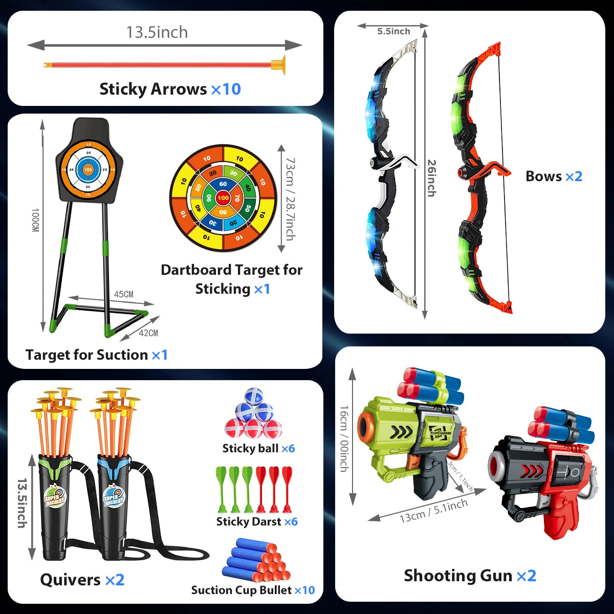 Toy Bow and Arrow + Guns for Kids with Night-Light Target Stand