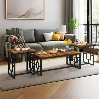 3-Piece Vintage Wood Coffee Table Set with 2 End Tables - Modern, Square Tabletop & Rustic Brown Finish