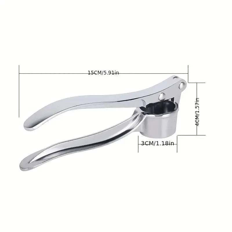 Stainless steel garlic press heavy duty mincer for easy cleaning, measuring 15cm by 3cm.
