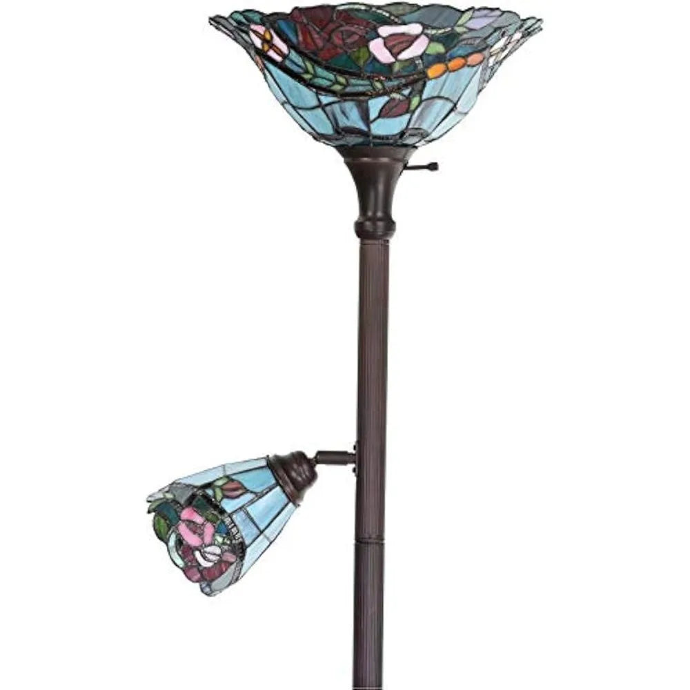 Rose Flower Tiffany Floor Lamp Stained Glass Torchiere with Sidelight