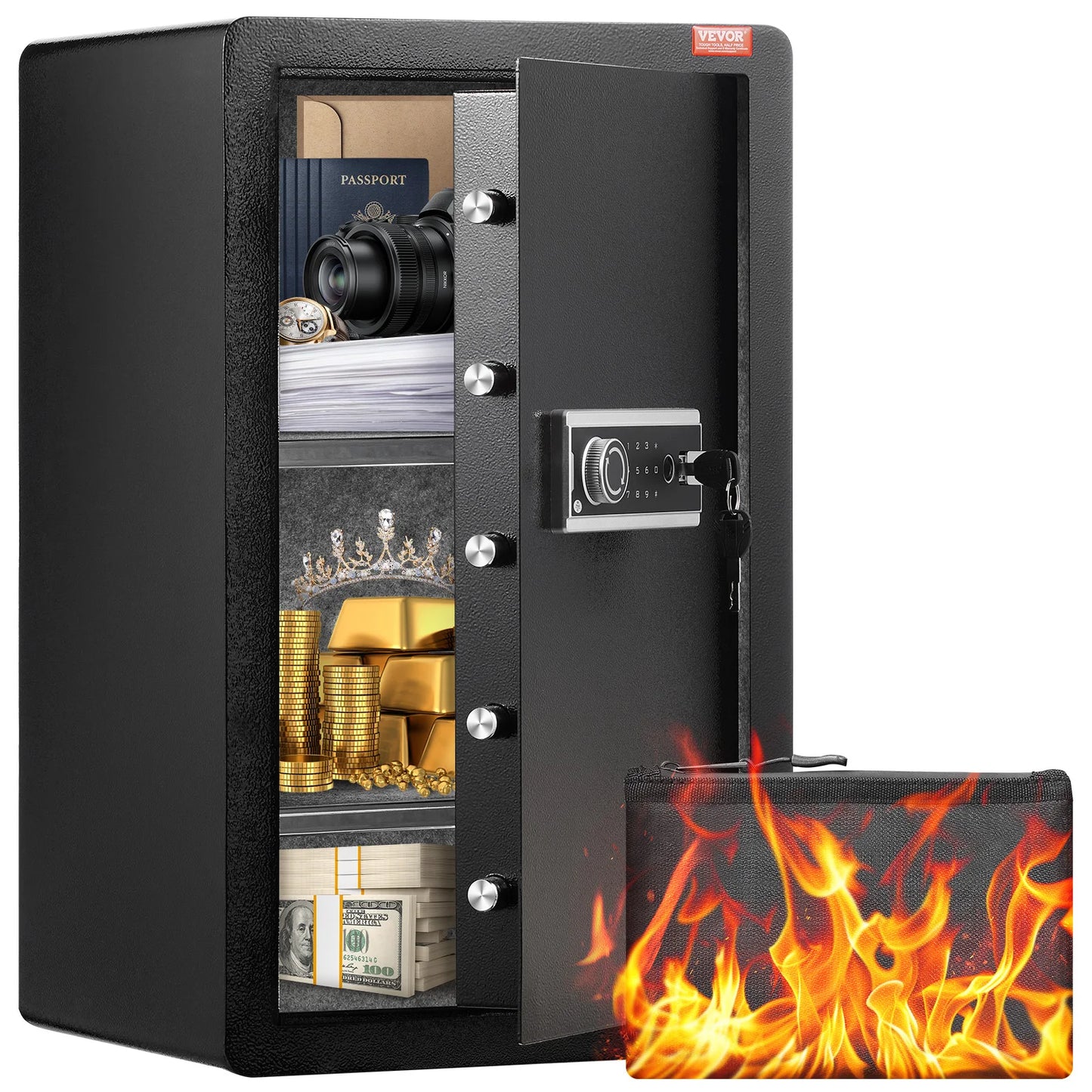 Single/Double Door Safe Box w/ 4 Unlocking Methods, Fireproof Bag, Key Rack & LED Light