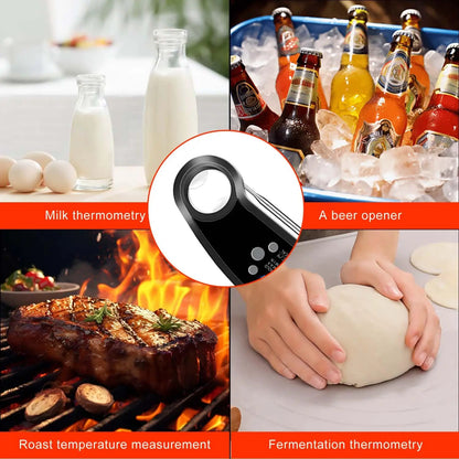 Digital food thermometer showing milk thermometry, beer opener, roast temperature measurement, and fermentation thermometry.
