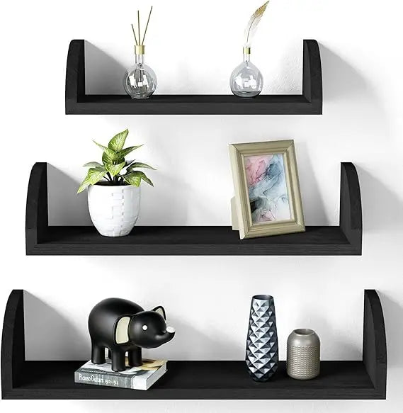 Floating Wall Shelves Set Of 3 Black Solid Wood Wall Mounted Shelves