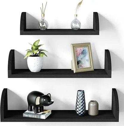 Floating Wall Shelves Set Of 3 Black Solid Wood Wall Mounted Shelves