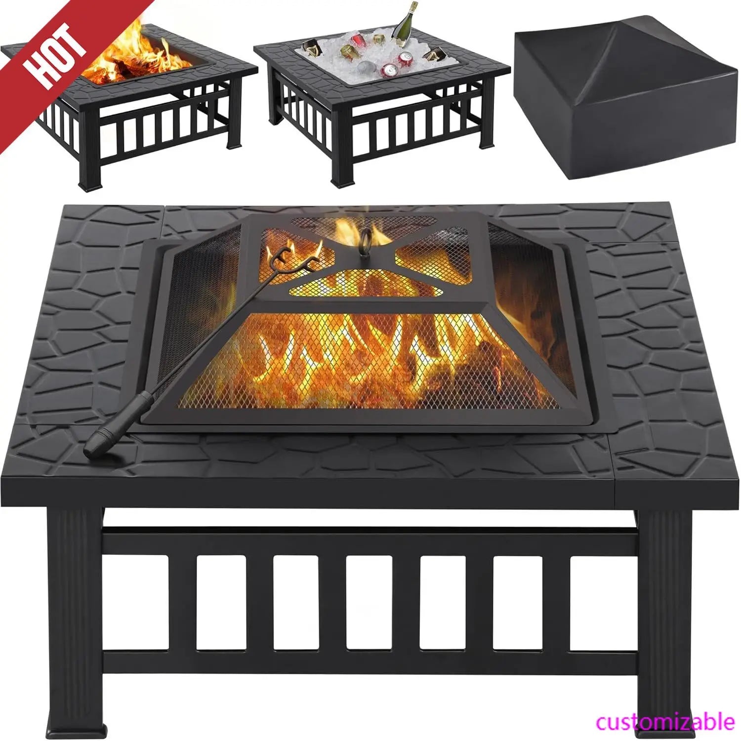 Fire Pit Table 32 Inch Square Metal Multifunctional Outdoor Stove