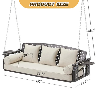 3 Seat Porch Swing with Cup Holders Cushions and Chains Outdoor Swing