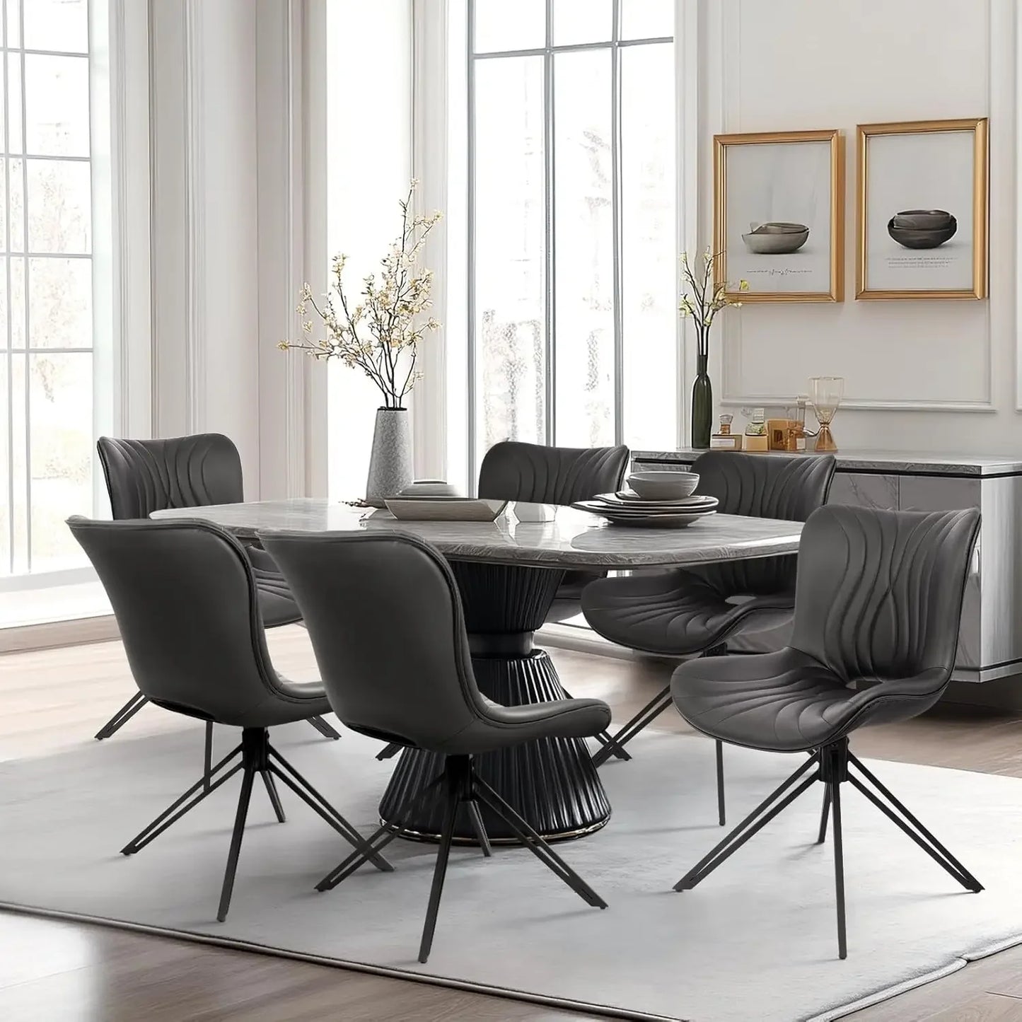 Dining Chair Set of 6, 360° Swivel Upholstered Mid-Century Modern Kitchen Dining Chairs, Faux Leather Upholstered Side Chair