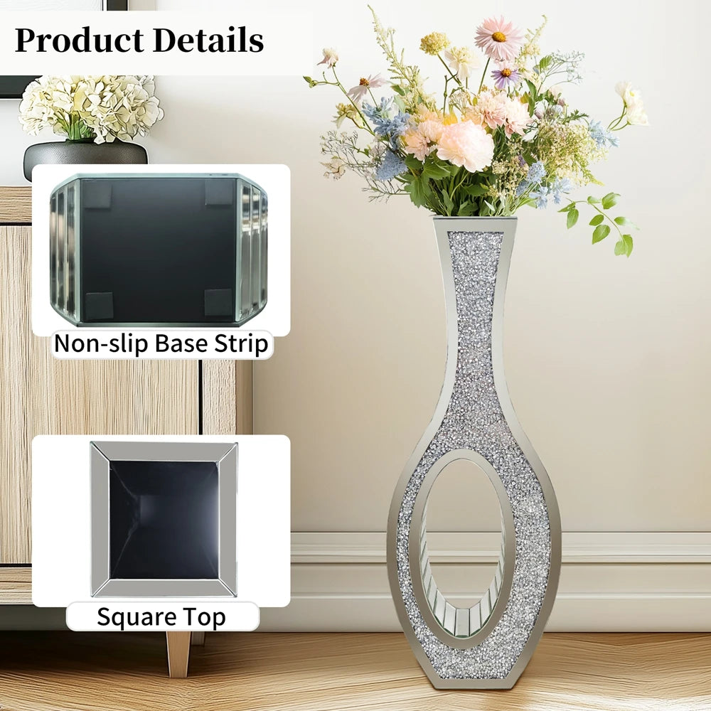 Mirrored Floor Vase Tall Silver Crush Diamond Decorative Vase