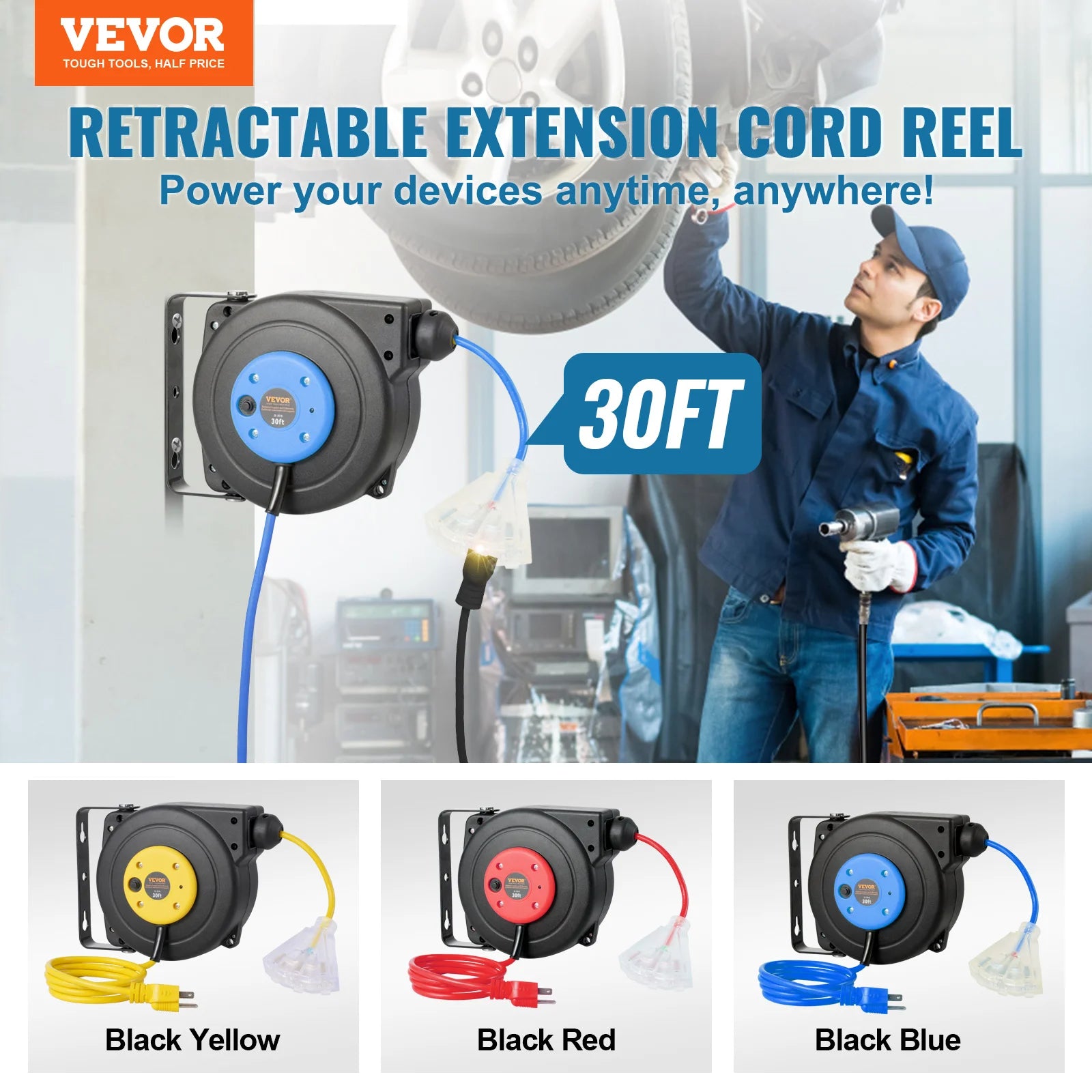 Retractable Extension Cord Reel 30FT Lighted Triple Tap Outlet