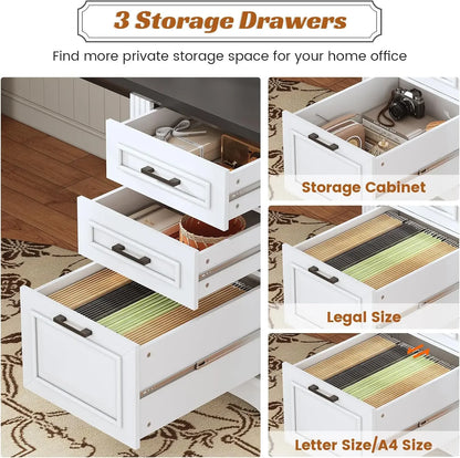 55 Inch Desk 3 Drawers AC Outlets USB Ports On/Off Switch