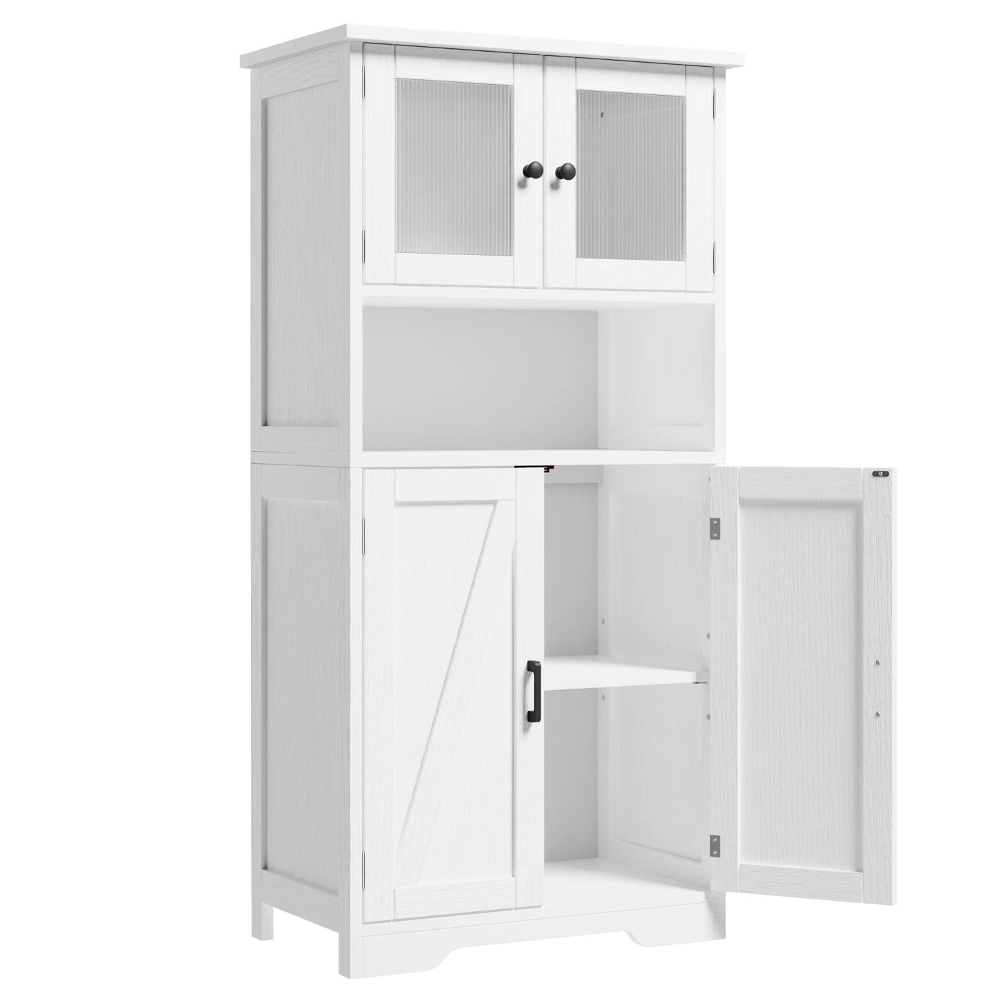 Free Standing Kitchen Pantry with 4 Doors and Open Space with Tempered Glass Doors