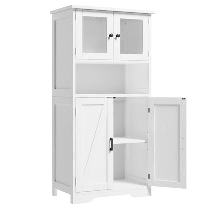 Free Standing Kitchen Pantry with 4 Doors and Open Space with Tempered Glass Doors
