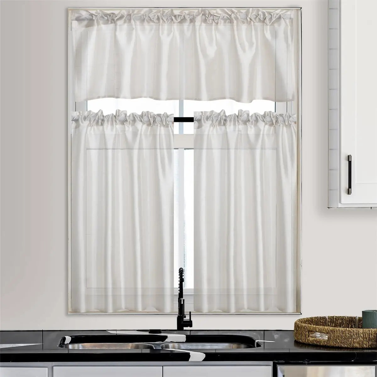3 Panels Faux Silk Sheer Curtains w/Rod Pockets- Valance and 2 Tiers